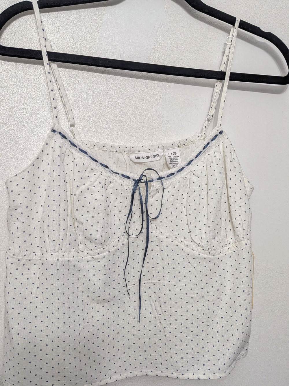 NWT White Polka Dot Camisole Tank Top L Linen Cotton Rayon Blend